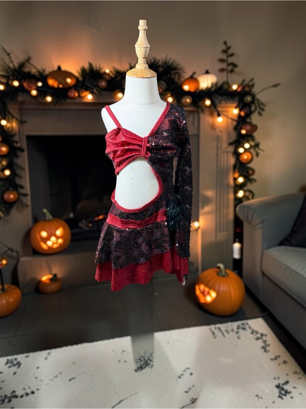 Girls Red and Black One-Shoulder Dance Costume with Sequin Detail